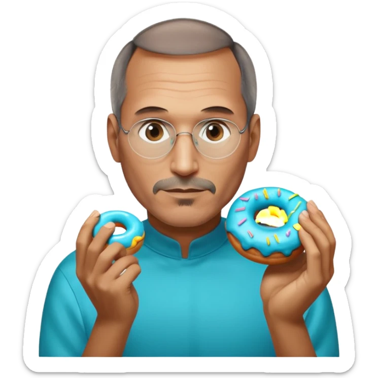 Steve jobs is eating a fully glass colored doughnut. the Doughnut is colored cyan and steve jobs is holding it by his hands, going to eat sticker