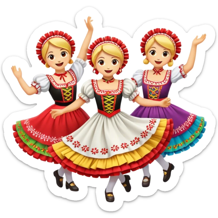 Cinematic Realistic Mazurka Dance Emoji, depicted as a lively traditional Polish folk dance scene with colorful costumes and spirited movement, rendered with dynamic textures and vibrant festive lighting that captures its rhythmic energy. sticker