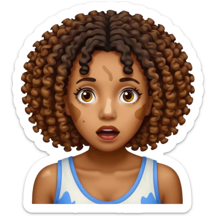 Emoji of a very shocked black female with vitiligo (alot of vitiligo patches) give her more curly hair sticker