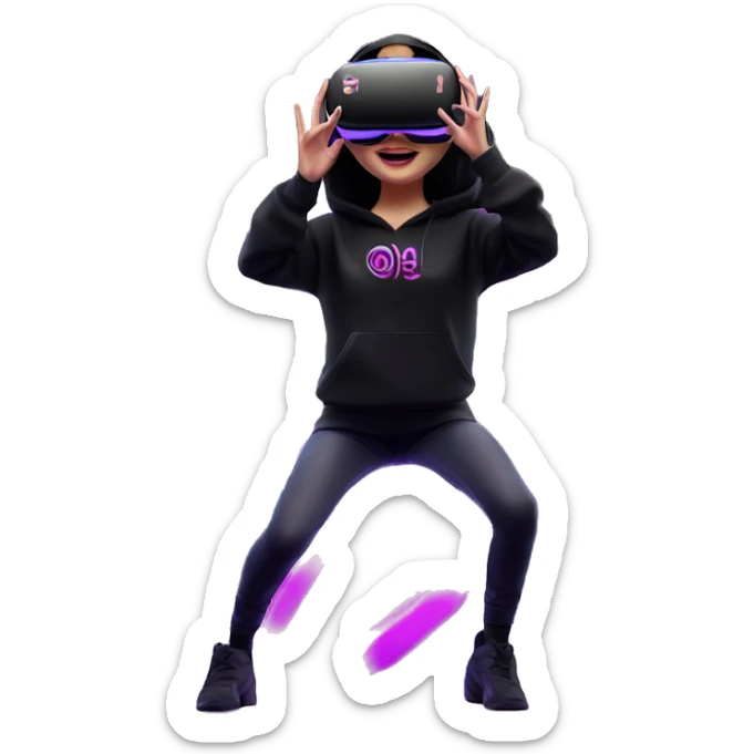 Russian girl wearing black hoody with violet letters "OMG", in vr headset oculus quest2. Dancing. Cyberpunk style. Violet neon. sticker