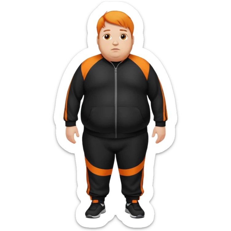 Extremely fat man with orange hair wearing black tracksuit with orange lines sticker