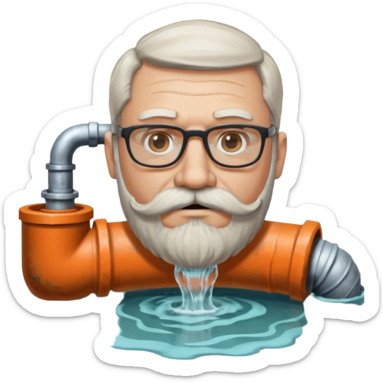50 year old bearded and moustached white male wearing glasses. His mouth has been cast into a frame made of concrete and out of his mouth is flowing sewer water connected to a drain pipe. He is proud and thinks his right, while being slightly angry because the joke is on him. sticker