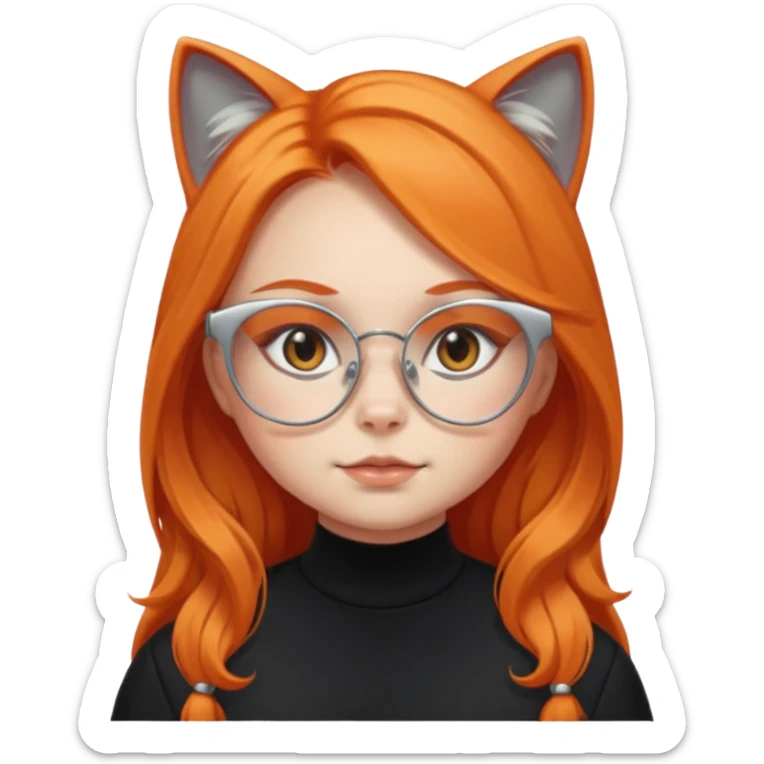 girl with chubby cheeks, very long orange hair, and silver cat eye glasses. Black clothes sticker