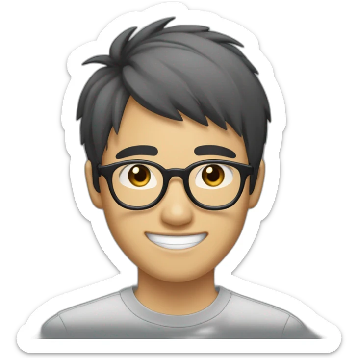 A 20-year-old Asian male wearing transparent gray-framed glasses, with fair skin, black choppy bangs nearing his eyebrows, large eyes, an oval-shaped face, smiling with teeth showing sticker