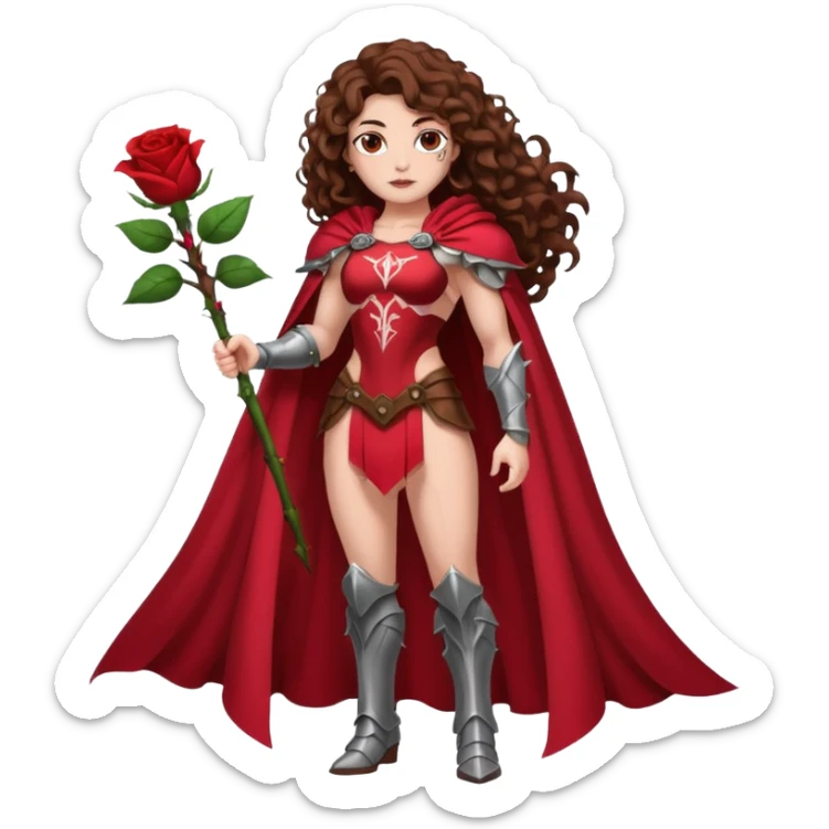 full body woman long curly brown hair brown eyes white skin tattoos muscular build rose thorn armor and petal cape sticker