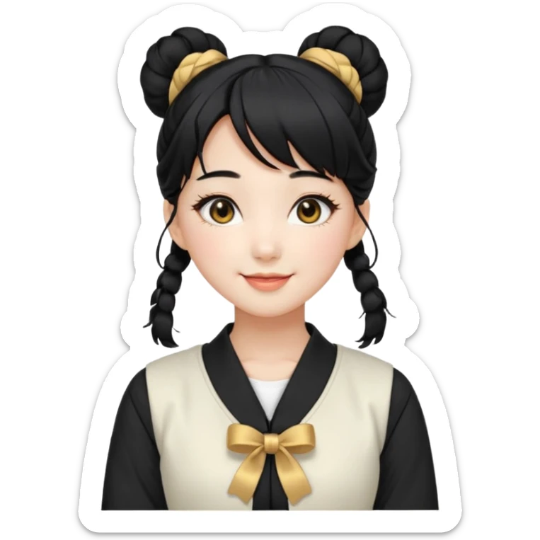 a beautiful girl face, wearing cute korean makeup, black hair, tied into two lowbuns with front bangs, black shirt, white jacket with golden shoulder pads, kpop idol sticker
