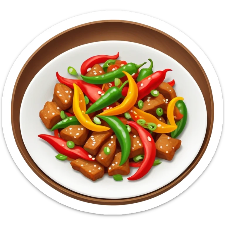 Hunan spicy stir-fried pork with colorful peppers, simplified emoji style with bold outlines and bright colors, cartoon style Chinese spicy dish sticker