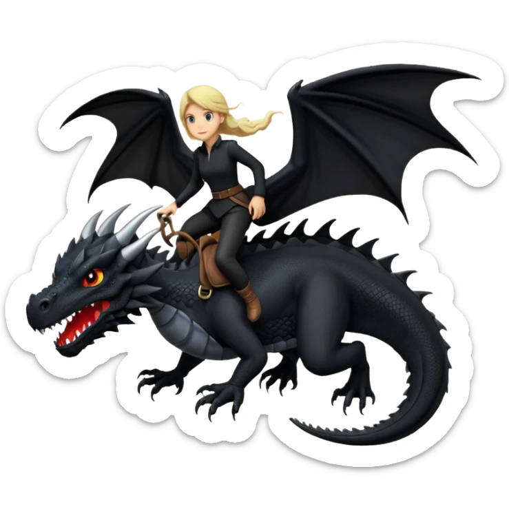 Extreme huge black dragon flying with a small female rider on top of it with black clothes sticker