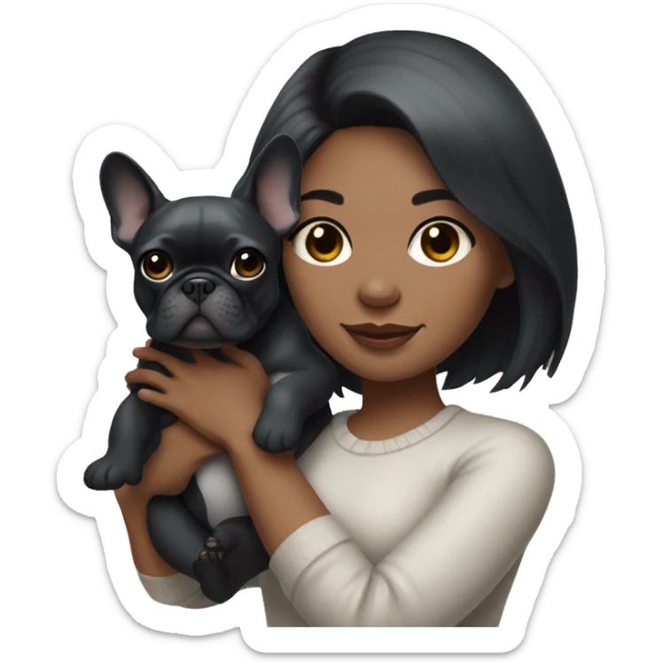 A girl with bear skin, black hair, medium length holding a gray French bulldog sticker