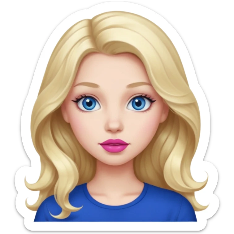 girl with wide blue eyes with long thick lashes with long wavy blonde hair and a dark blue top on with pink lipstick and big lips sticker