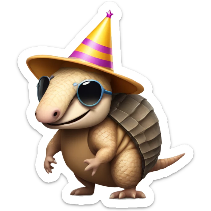 Armadillo with a birthday hat and sunglasses and creepy smile sticker