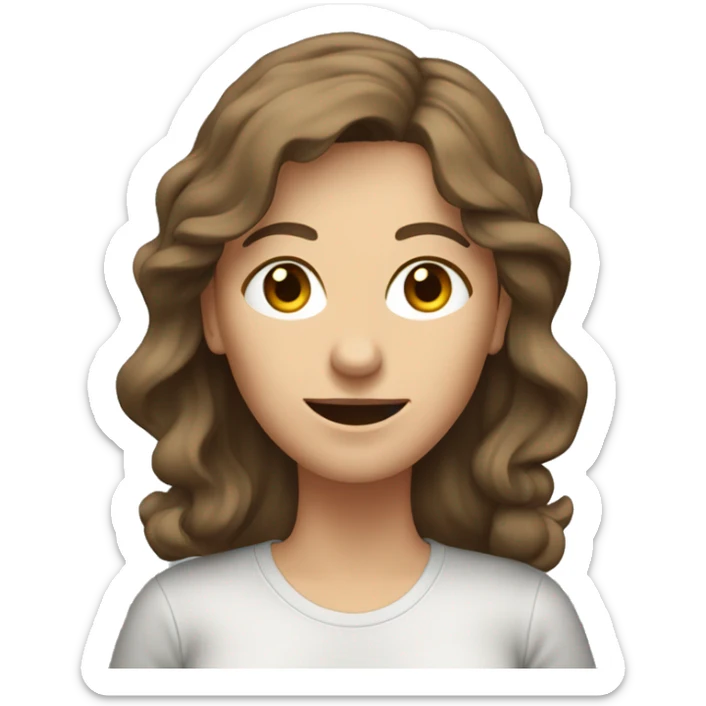 A middle-aged European woman, thin, with long, wavy brown hair. The woman has jeans and a loose T-shirt. She wears dark sneakers. sticker