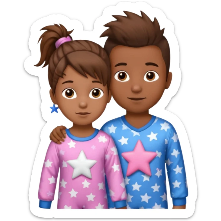 4 year old brown spikey haired boy with blue pajamas with stars on them and a 1 year old brown haired pony tail girl with pink pajamas, and stars on them sticker