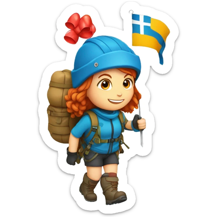 Female winter mountain climber red hair climbing, Greek flag on backpack and holding Easter eggs basket sticker