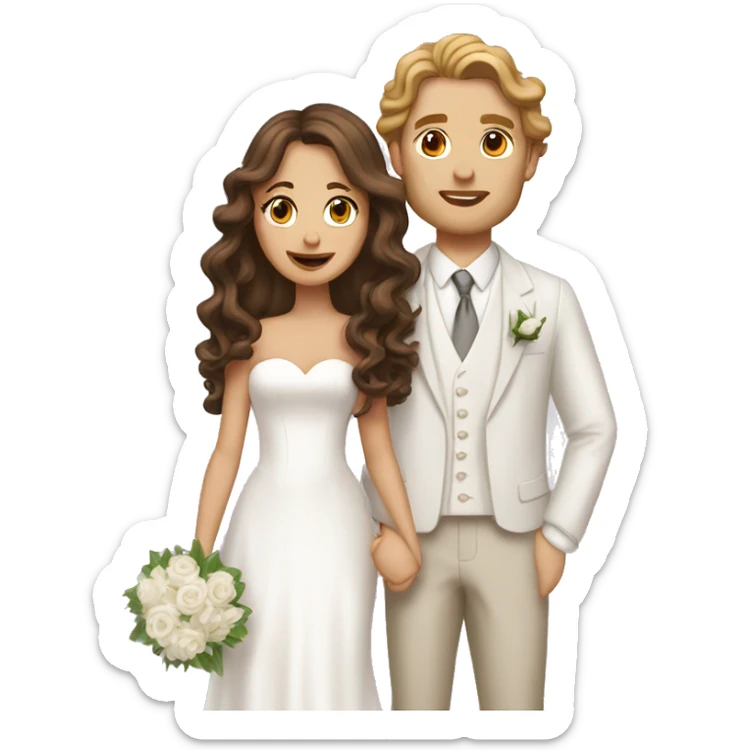 White couple on their wedding day, girl has long brown hair in curls sticker