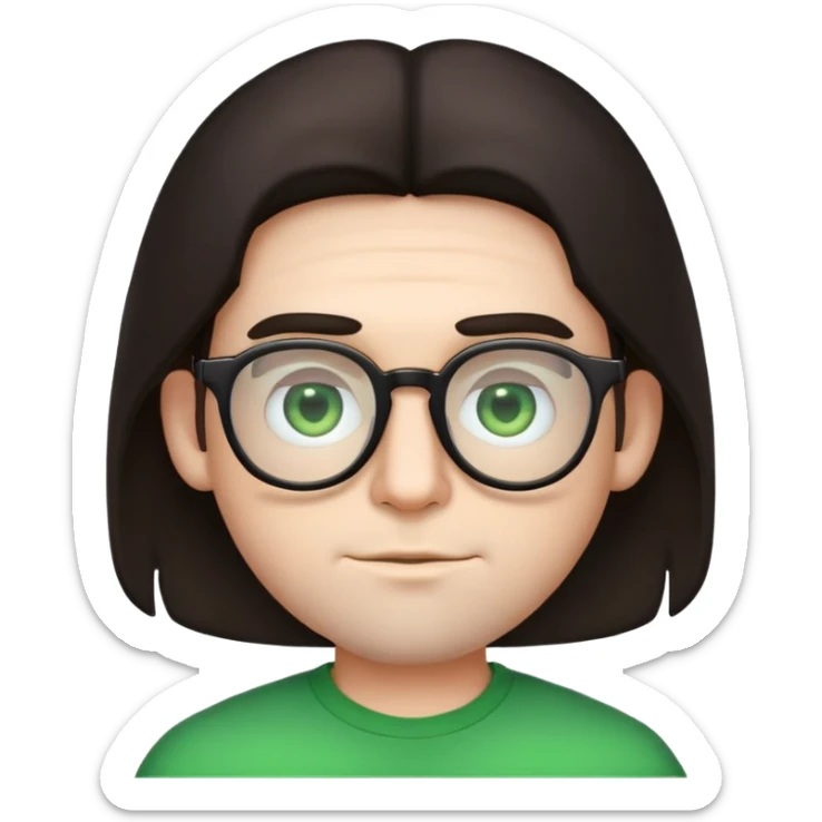 young male emoji with wide face, fuller lips, very poofy voluminous dark straight hair (not curly), big ears, pale skin, glasses, green eyes set wider apart, very light stubble sticker