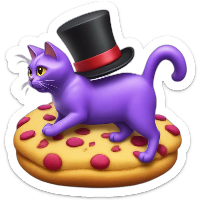 Cat with a top hat riding a purple cat riding a red cat riding a yellow cat riding a giant cookie sticker