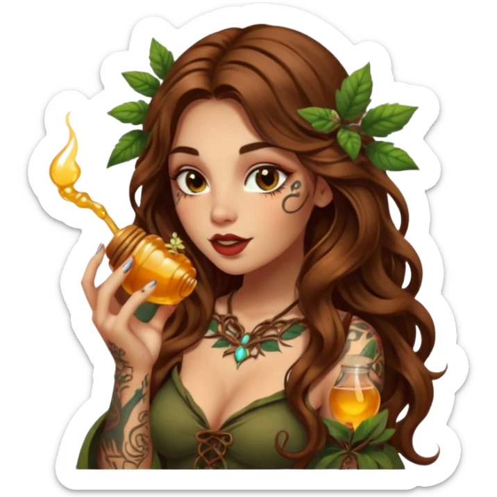 woman with long wavy brown hair, tattoos, forest mystic outfit, licking glowing honey from fingertip, flirty eyes sticker