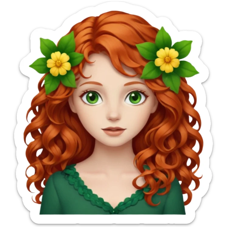 Natural redhead model, green eyes, wavy hair, flowers in hair sticker