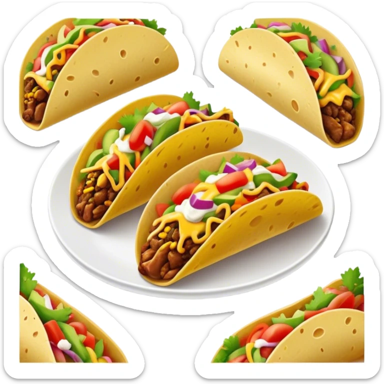 Cinematic vibrant tacos, warm soft shells filled with flavorful meats, fresh vegetables, cheese, and zesty salsa, colorful and lively, ultra-detailed and appetizing. sticker