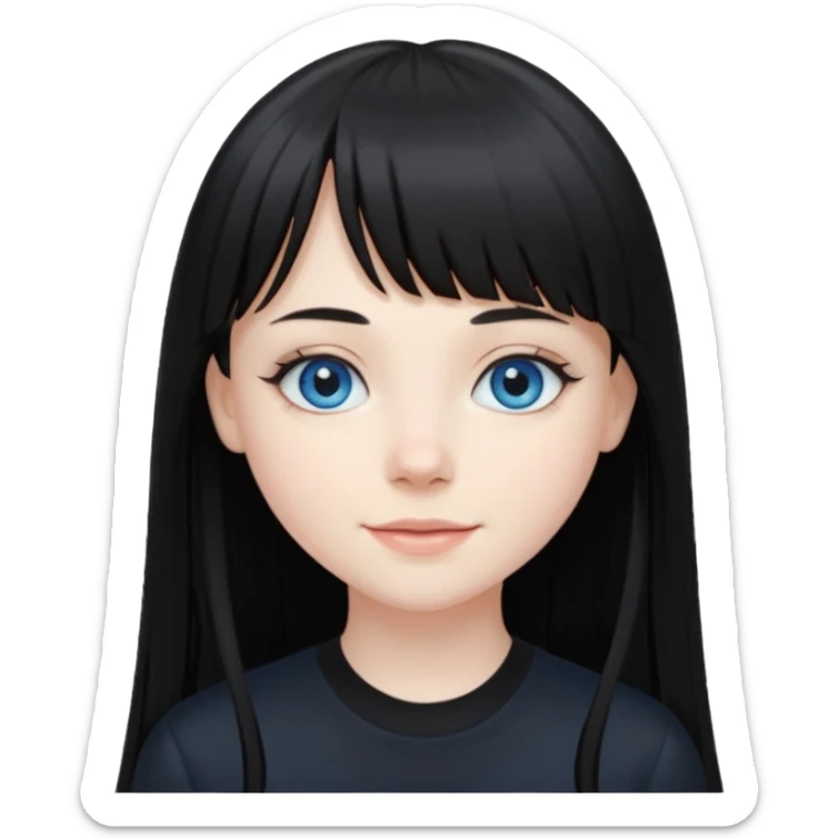 20 yr old woman long straight black hair, pale skin, blue eyes, black clothes, small smile, bangs sticker