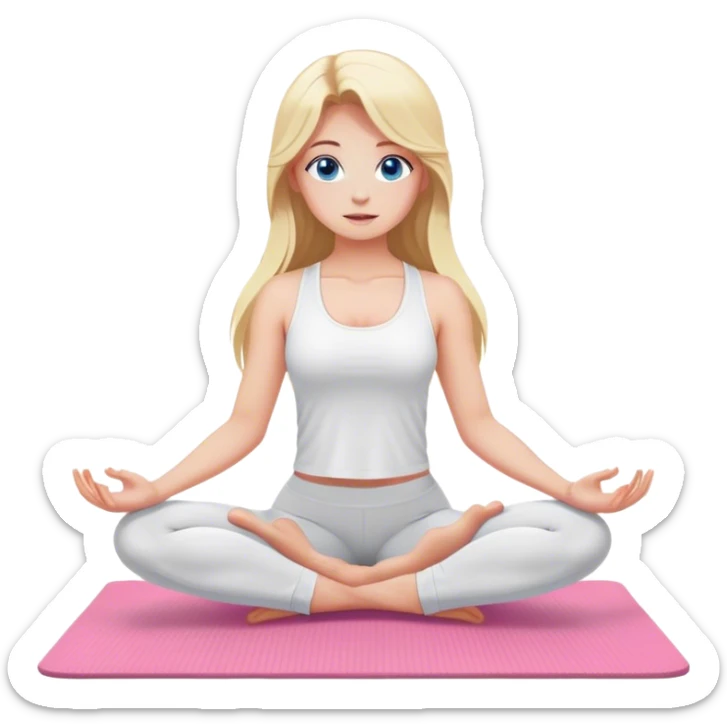 Cinematic realistic blonde with long hair and blue eyes, dressed in a white top and leggings, does yoga on a pink mat sticker