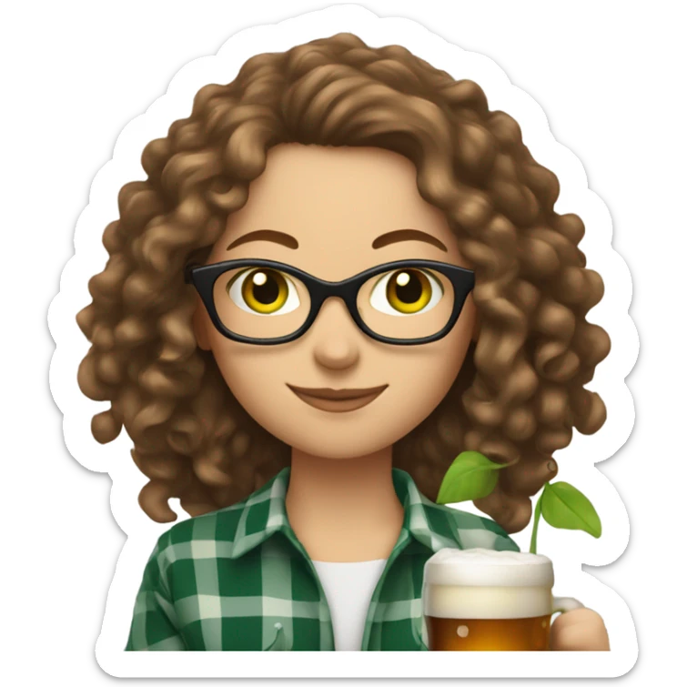 White woman with long brown curly hair, green eyes and glasses wearing plaid and holding a pint of beer sticker