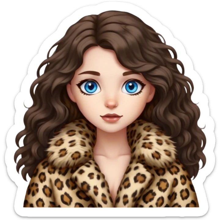 Brunette girl blue eyes with long wavy hair in fluffy leopard fur coat  sticker