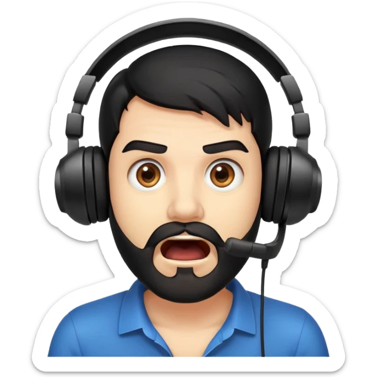 Very shocked man with wide eyes, open mouth, black hair, brown eyes, black beard wearing a gaming headset sticker