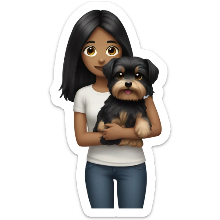 teenage girl with black hair holding a morkie dog sticker