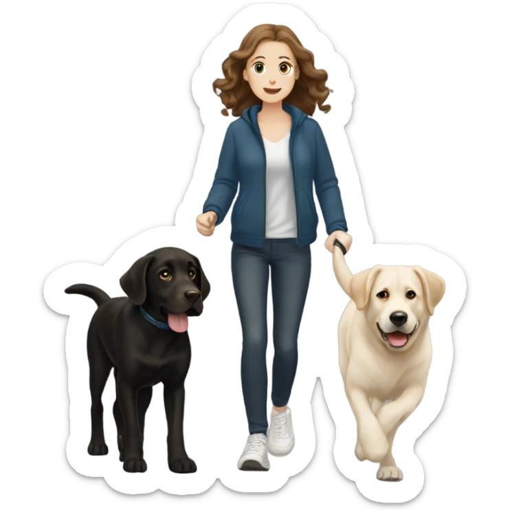 White girl with wavy brown hair walking a black Labrador sticker
