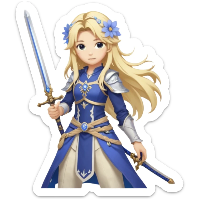 White and golden, blonde, long-haired Lumine (from Genshin Impact) with a pastel-indigo flower in hair and with a sword (full body) sticker