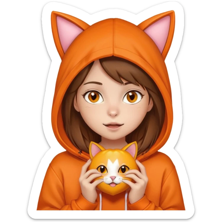 Una niña piel blanca, pelo castaño y lacio, ojos color miel, con un poleron naranja que en el gorro tiene una cara y orejas de gato, mordiendo un corazón naranja  sticker