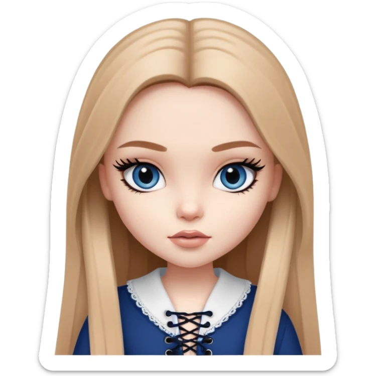 pretty bratz girl, long straight light brown hair, dark blue eyes, black eyeliner, pale skin, light girly clothes with laces sticker