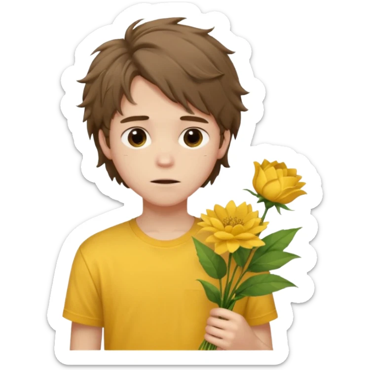 generate an ios genmoji of a 20 year old fair boy with brown long and messy hair with faint upper lip hair - visible (brown). should look like he cant grow a mustache., carrying a flower bouquet, wearing a yellow tshirt, looking shy sticker