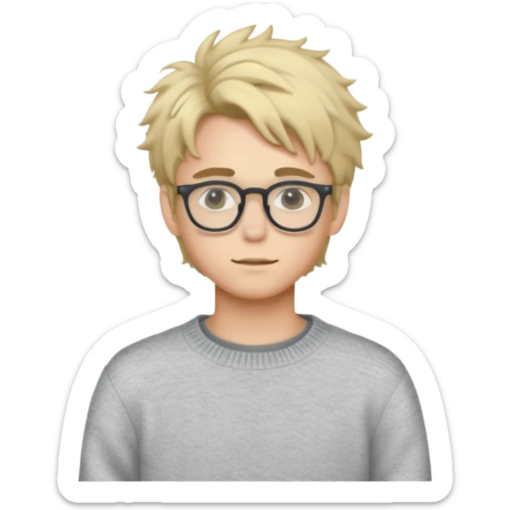 Twink with blonde messy hair and glasses, white skin and a grey sweater sticker