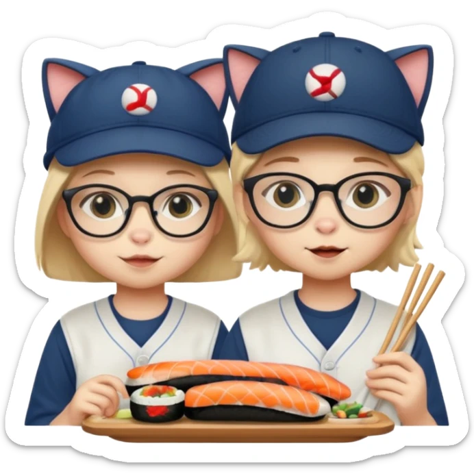 cute girl cat wearing glasses and a cute boy cat wearing a baseball cap eating sushi together sticker