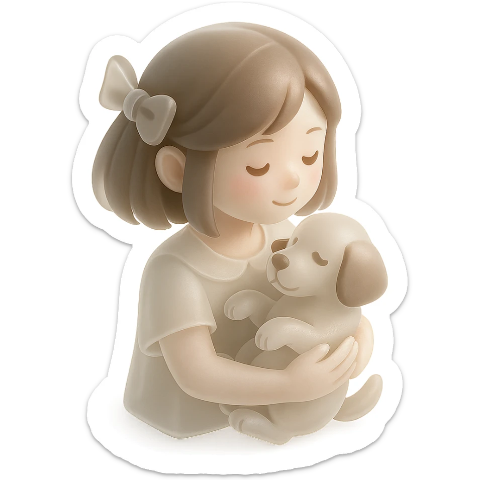 A pale girl with brown shoulder-length hair tied with a ribbon hairclip, holding a dog sticker