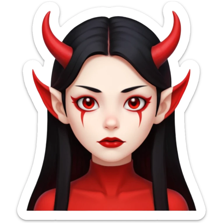 Head only demon girl: ENTIRE skin flat solid red, long straight sleek black hair, sharp cheekbones/jaw, small horns; centered, no body, no text. sticker
