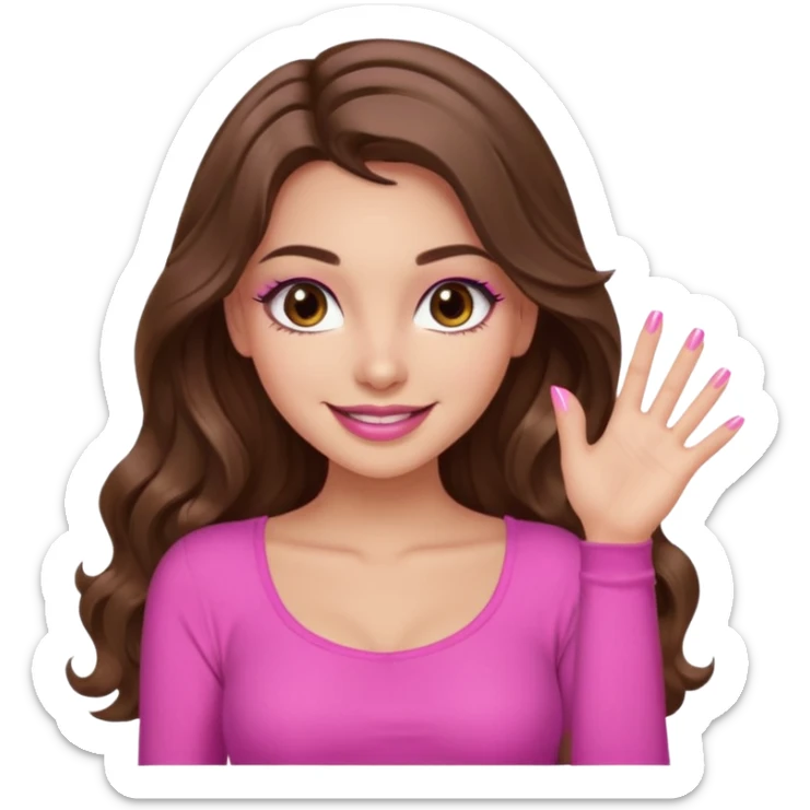 girl with long wavy brown hair, brown eyes, long lashes, sexy pink lips, light to medium complexion, wearing a pink sexy top, smiling, finger tips touching sticker