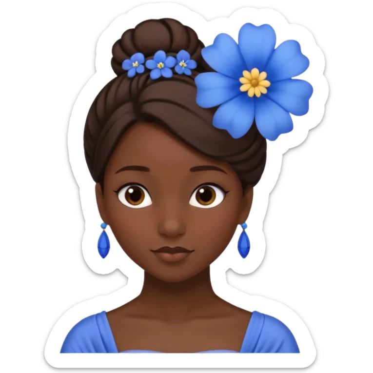 tạo cho tôi emoji tạo hình của công chúa da đen tóc nâu búi tóc 1 bên trên đỉnh đầu, cô ý cài hoa màu xanh sticker