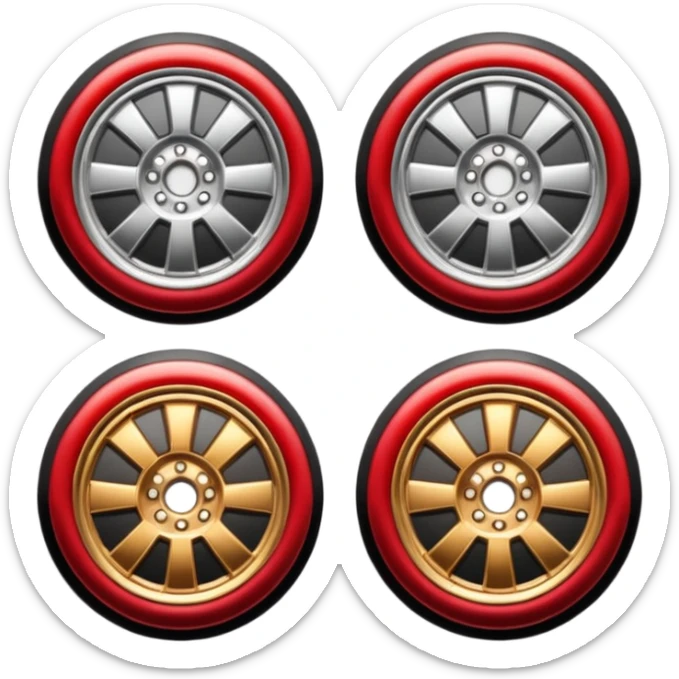 Emoji-style car membership badges: silver wheel, bronze exhaust, red rims, black spoiler, gold wheel — in progression." sticker