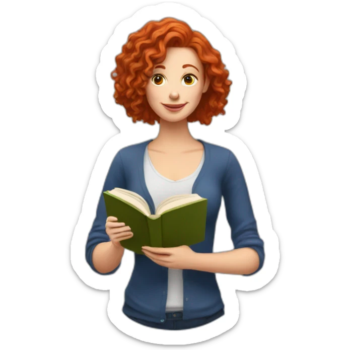 White woman with long curly red hair reading a book with a glass of wine in a park sticker