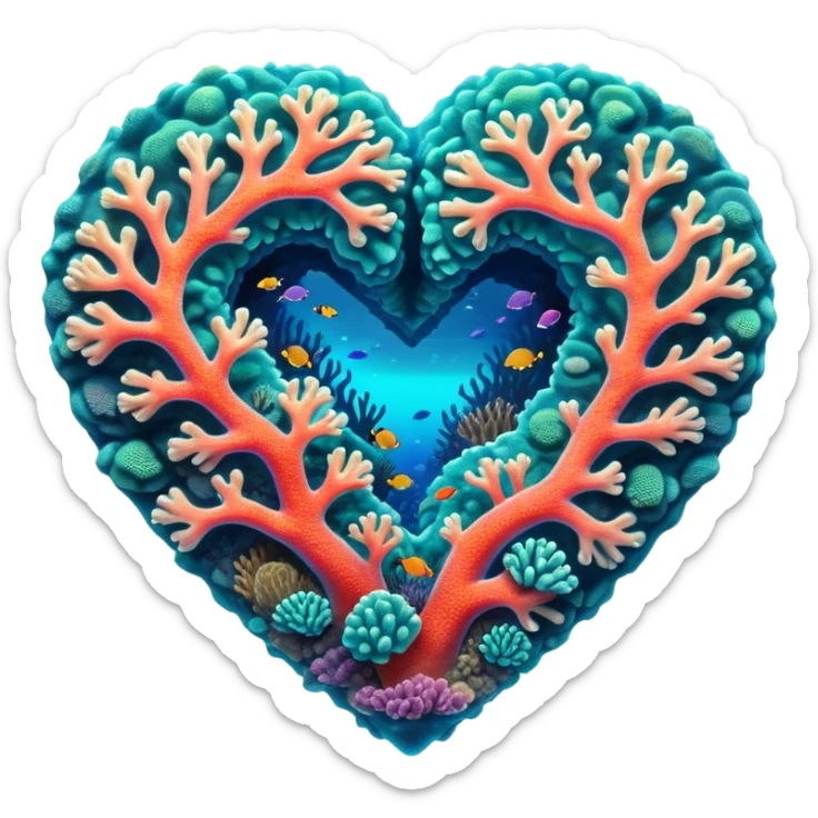 Cinematic Realistic Heart Reef Landscape Emoji, depicted with a naturally heart‚Äêshaped coral formation in vibrant marine hues, rendered with detailed underwater textures and luminous lighting. sticker