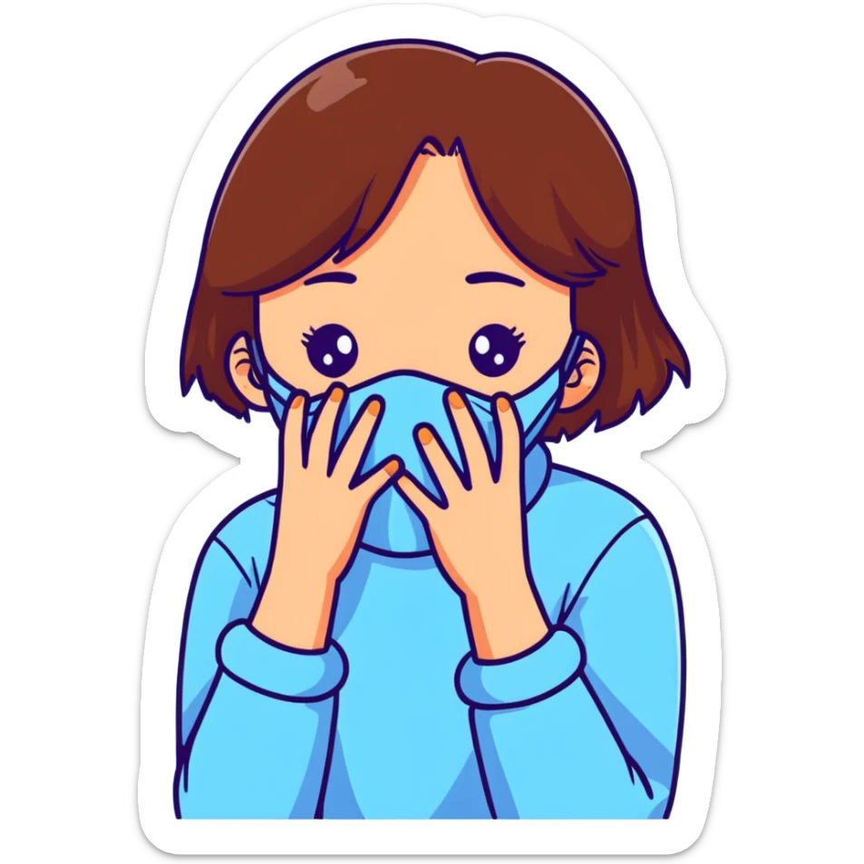 brunette girl with brown hair wearing pastel blue clothes covering her face with her hand sticker
