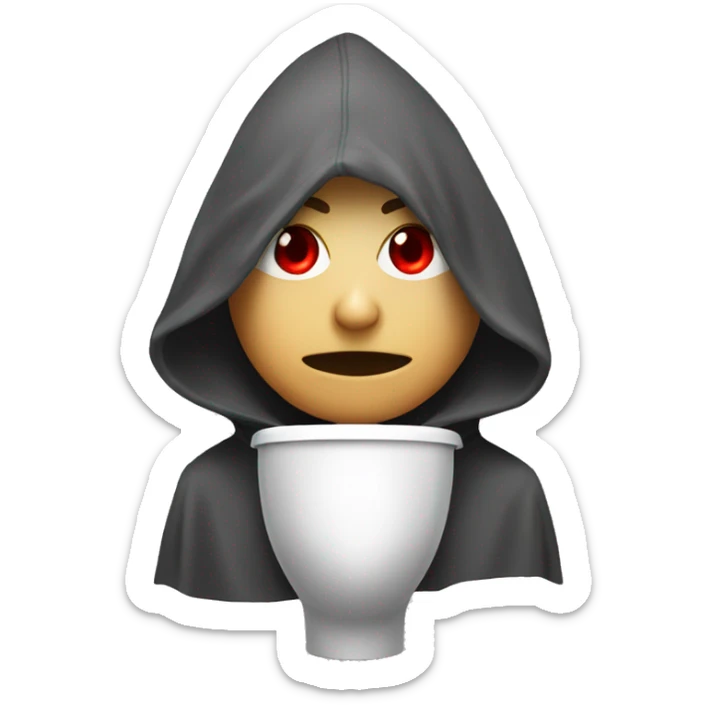 Person in hoodie, in a toilet, with red eyes sticker
