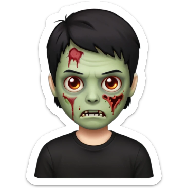 zombie iPhone emoji with buzz cut short black hair and black t-shirt sticker