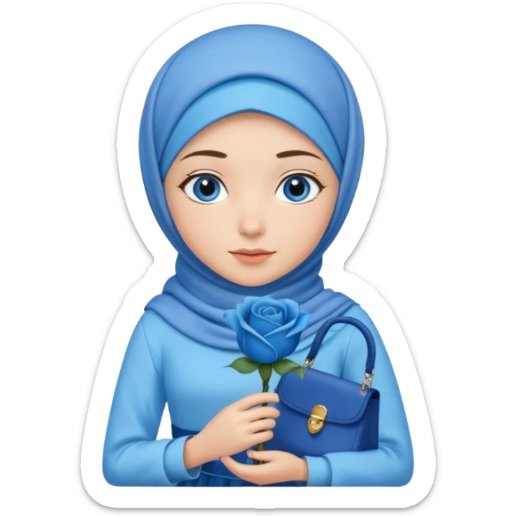 Turkish beautiful finish Konya girl blue eyes with blue hijab islamic dress and had on her hand blue rose hand bag sticker
