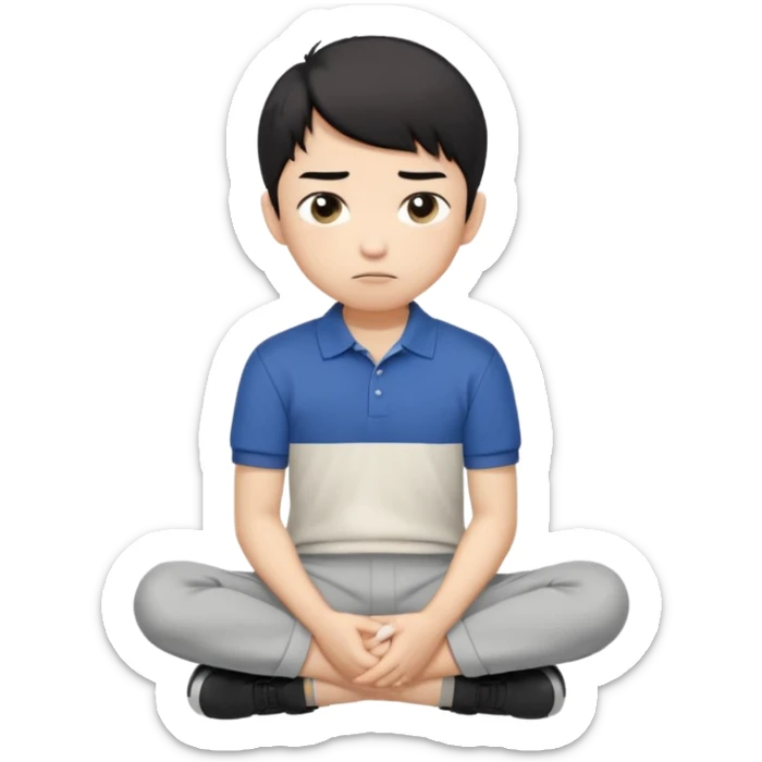 A cartoon young Asian boy with short black hair, light beige skin, and large expressive eyes, wearing a white polo shirt, gray pants, and black shoes. He sits cross-legged on the ground, one fist resting on his cheek, with a closed-mouth smirk. Clean lines, flat colors, solid black background. sticker