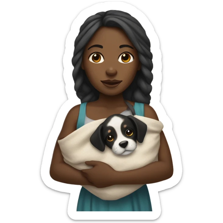 black girl with long hair wrapped in a banket with a puppy in her arms sticker